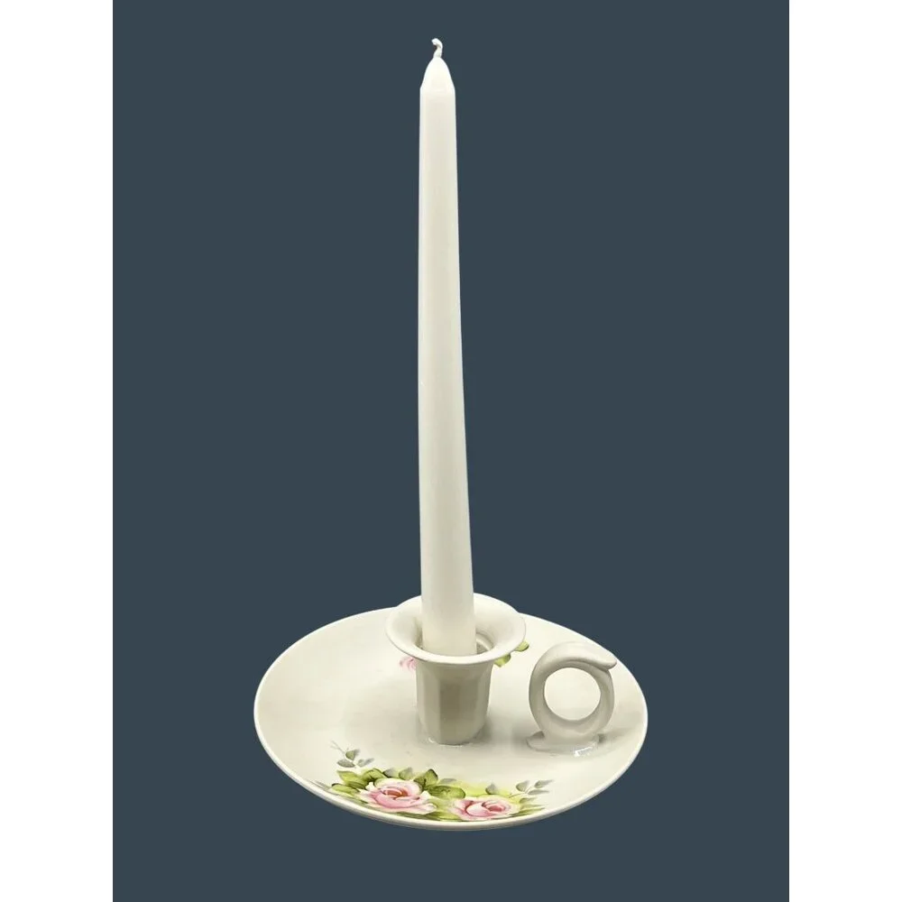 Vtg Hand-Painted Floral Porcelain Chamberstick Candle Holder Cottage Shabby Chic